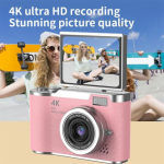 4K CCD Camera with 8x Digital Zoom, 180° Flip Screen Selfie Camera – Pink